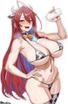  1girl :d absurdres ahoge alternate_costume animal_ears animal_print arm_up artist_name asymmetrical_bangs asymmetrical_sidelocks bell bikini bilingual_commentary black_choker blue_fire blue_hair blush bottle breasts choker cleavage collarbone colored_inner_hair commentary cow_ears cow_horns cow_print cow_print_bikini cow_print_thighhighs cowbell cowboy_shot double-parted_bangs elizabeth_rose_bloodflame english_commentary fake_animal_ears fake_horns fingernails fire fire_on_chest gradient_hair groin hair_between_eyes hairband halterneck hand_on_own_hip handplug heavy_breathing highres hololive hololive_english horns huge_ahoge large_breasts linea_alba linea_semilunaris long_fingernails long_hair looking_at_viewer micro_bikini milk milk_bottle mixed-language_commentary multicolored_hair nail_polish navel nose_blush o-ring o-ring_choker open_mouth pink_nails pouring pouring_onto_self print_bikini print_thighhighs red_eyes red_hair ring_light_reflection shiny_skin sidelocks signature simple_background single_hair_intake skindentation smile solo spiked_choker spikes sweat swimsuit teeth thick_thighs thighhighs thighs toned toned_female triangle_bikini_top two-tone_hair underboob upper_teeth_only very_long_hair virtual_youtuber white_background wide_hips 