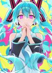  1girl absurdres bare_shoulders black_sleeves blue_hair blue_necktie closed_mouth collared_shirt commentary_request detached_sleeves double-parted_bangs hair_between_eyes hair_ornament hatsune_miku highres light_smile long_hair long_sleeves looking_at_viewer necktie neronera_29 own_hands_clasped own_hands_together pink_eyes ringed_eyes shirt sleeveless sleeveless_shirt solo twintails upper_body utahime_shikkaku_(vocaloid) vocaloid white_shirt x_hair_ornament 