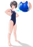  1girl absurdres black_hair blue_eyes blue_one-piece_swimsuit breast_envy breasts commentary_request competition_swimsuit covered_navel expectation_vs._reality full_body highleg highleg_one-piece_swimsuit highres imagining one-piece_swimsuit original shadow short_hair simple_background small_breasts solo swimsuit takafumi white_background 
