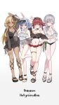  4girls animal_ears arm_up blonde_hair blue_hair breasts cleavage commentary dark-skinned_female dark_elf dark_skin double_bun elf english_text feet hair_bun highres hololive houshou_marine large_breasts legs multiple_girls one_eye_closed pointy_ears rabbit_ears red_hair saka_x_x sandals shiranui_flare shirogane_noel simple_background standing standing_on_one_leg stomach sunglasses thigh_strap toenails toes twintails untranslatable_commentary usada_pekora virtual_youtuber white_background 