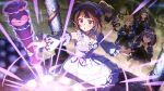  4girls breasts brown_hair card_commentary commentary_request detached_sleeves dress fukuda_noriko game_asset hairband idolmaster idolmaster_million_live! idolmaster_million_live!_theater_days indoors kitazawa_shiho mochizuki_anna multiple_girls official_alternate_costume official_art purple_dress purple_eyes purple_hairband short_hair side_ponytail standing temple third-party_source totem yokoyama_nao 
