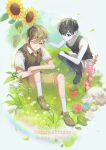  2boys absurdres antenna_hair black_eyes black_hair black_sweater_vest black_tank_top black_thighhighs blue_flower blue_rose bright_pupils brown_shorts cactus character_name collarbone collared_shirt colored_skin commentary_request double-parted_bangs egret_orchid flower flower_pot gladiolus grass hair_between_eyes happy_birthday heterochromia highres jooee4124 knees_up korean_commentary lily_of_the_valley looking_at_another male_focus multiple_boys omori omori_(omori) parted_lips plant potted_plant red_flower red_rose rose shirt short_hair short_sleeves shorts sitting smile spoilers squatting striped_clothes striped_shorts sunflower sunny_(omori) sweater_vest tank_top thighhighs vertical-striped_clothes vertical-striped_shorts white_eyes white_pupils white_shirt white_shorts white_skin 