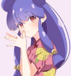  1girl absurdres blush chinese_clothes commentary_request floral_print highres ichigo_monaka long_hair looking_at_viewer own_hands_together purple_background purple_hair ranma_1/2 red_eyes red_shirt shampoo_(ranma_1/2) shirt sidelocks simple_background 