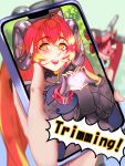  1girl 1other asymmetrical_gloves black_hat black_horns blush breasts commentary_request curled_horns dragon_girl dragon_horns english_text fingerless_gloves gloves green_eyes hair_between_eyes hat heart heart_hands heart_in_eye highres holding holding_phone horns jun_pei_sousei large_breasts long_hair looking_at_viewer magus_(zenless_zone_zero) mechanical_horns mechanical_tail mismatched_gloves open_mouth orange_hair orange_pupils orphie_magnusson phone pointy_ears single_fingerless_glove smile speech_bubble symbol_in_eye tail twintails yellow_gloves zenless_zone_zero 