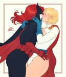  2dswirl 2girls animal_ears applying_makeup artist_name ass bat_ears batwoman belt black_bodysuit black_cape blonde_hair blue_gloves blush bodysuit cape cleavage_cutout closed_eyes clothing_cutout commentary commission dc_comics english_commentary flat_color from_side gloves hand_on_another's_face hand_on_another's_waist highres kate_kane kiss leotard mask multiple_girls power_girl power_girl_(1976_costume) red_belt red_cape red_hair sleeved_leotard superhero_costume thighs white_leotard yuri 