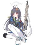  1girl ahoge binoculars black_gloves black_hair blue_archive blue_shirt blue_skirt blunt_bangs blush bolt_action bright_pupils commentary_request falling_leaves flashlight frown full_body gloves green_neckerchief grey_halo gun hairband halo headgear holding holding_gun holding_weapon knee_pads leaf leaf_on_head long_hair long_sleeves looking_at_viewer miyu_(blue_archive) mosin-nagant neckerchief pantyhose pleated_skirt red_eyes rifle sailor_collar school_uniform scope serafuku shirt shoes sidelocks simple_background single_knee_pad sitting skirt sneakers solo strap sweat tobimatsu_mutsutarou very_long_hair weapon white_background white_hairband white_pantyhose white_pupils white_sailor_collar white_shoes 