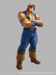  1boy abs armlet belt belt_buckle blue_vest boots brown_boots brown_hair buckle collar commentary company_name crossed_arms denim english_commentary feather_hair_ornament feathers full_body grey_background hair_ornament headband jeans jennodiaz jewelry large_pectorals male_focus muscular native_american official_art pants pectorals simple_background standing street_fighter third-party_source thunder_hawk torn_clothes torn_sleeves vest white_facepaint 
