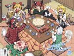  6+girls :d absurdres after_meal alcohol animal_ears big_belly black_hat black_skirt black_vest bloated blonde_hair bottle bow braid brown_hair carpet cat_ears cat_girl chopsticks commentary commission cup cushion dress drinking_glass food full_stomach gourd green_dress green_hair green_vest hair_bow hakurei_reimu hanten_(clothes) hat highres horns hotpot ibuki_suika indoors inuno_rakugaki kaenbyou_rin kirisame_marisa komano_aunn konpaku_youmu konpaku_youmu_(ghost) kotatsu licking_lips long_hair lying multiple_girls multiple_tails nabe newspaper oni portable_stove pouring red_bow red_hair sakazuki sake_bottle second-party_source seiza shirt short_hair side_braid sitting skeb_commission skirt smile table tail tatami thermos toasting_(gesture) tongue tongue_out touhou twin_braids two_tails under_kotatsu under_table unworn_hat unworn_headwear vest white_hair white_shirt witch_hat zabuton 