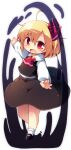  1girl :d ahoge ascot black_shoes black_skirt black_vest blonde_hair blush collared_shirt commentary_request fang full_body hair_between_eyes hair_ribbon long_sleeves looking_at_viewer mary_janes matatabi_(nigatsu) open_mouth outstretched_arms red_ascot red_eyes red_ribbon ribbon rumia shirt shoes short_hair simple_background skirt skirt_set smile socks solo spread_arms standing touhou vest white_background white_shirt white_socks 