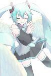  1_miwo 1girl bare_shoulders black_skirt black_sleeves black_thighhighs blue_hair blue_necktie closed_mouth collared_shirt commentary_request cowboy_shot detached_sleeves double-parted_bangs grey_shirt hatsune_miku highres long_hair long_sleeves miniskirt necktie pleated_skirt shirt skirt sleeveless sleeveless_shirt smile solo thighhighs twintails very_long_hair vocaloid zettai_ryouiki 