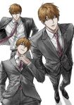  1boy belt black_belt blonde_hair brown_shoes closed_mouth from_below full_body grey_jacket grey_pants grey_suit hand_in_pocket hands_in_pockets jacket male_focus mob_psycho_100 multiple_views necktie open_mouth pants pink_necktie reigen_arataka shirt shirt_tucked_in shoes short_hair simple_background sso_s standing suit suit_jacket white_background white_shirt 