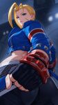  1girl ass black_gloves black_pants blonde_hair blue_eyes blue_jacket cammy_white clenched_hand closed_mouth commentary_request fingerless_gloves gloves highres jacket looking_down outdoors pants scar scar_on_cheek scar_on_face short_hair snowing solo street_fighter street_fighter_6 yagi2013 