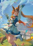  1girl animal_ears arms_up ascot asymmetrical_gloves blue_eyes blue_gloves blue_sky blush boots brown_hair buttons cape cloud commentary_request confetti double-breasted ear_ribbon epaulettes gloves hair_between_eyes highres horse_ears horse_girl horse_racing_track horse_tail jacket kuangyu2001 long_hair long_sleeves mismatched_gloves multicolored_hair multicolored_jacket open_mouth outdoors pink_ascot ponytail red_cape single_epaulette single_hair_streak skirt sky smile solo standing standing_on_one_leg streaked_hair tail teeth tokai_teio_(peak_joy)_(umamusume) tokai_teio_(umamusume) two-tone_hair two-tone_jacket two-tone_skirt umamusume upper_teeth_only w white_boots white_gloves white_hair white_jacket white_skirt white_streaks 