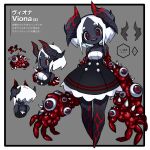  1girl bare_shoulders black_skin colored_skin commentary_request eyeball full_body highres horns koh_jin looking_at_viewer open_mouth original red_eyes simple_background solo teeth translation_request upper_teeth_only white_hair 