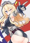  ;q absurdres armpits ass bad_id bad_pixiv_id blonde_hair blue_eyes breasts cleavage commentary fingerless_gloves from_behind gloves headgear highres iowa_(kantai_collection) kantai_collection large_breasts long_hair looking_back miniskirt no_panties ohshit one_eye_closed pointing skindentation skirt smile solo star star-shaped_pupils symbol-shaped_pupils thighhighs thighs tongue tongue_out 