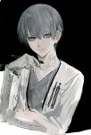  1boy bags_under_eyes calyx_(ff14) commentary_request compass final_fantasy final_fantasy_xiv grey_eyes grey_hair highres holding holding_stylus intravenous_drip kurogorororo lab_coat long_sleeves looking_at_viewer male_focus short_hair simple_background sketch solo stylus 
