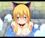  animal_ears bath bell bell_collar blonde_hair blush breasts brown_eyes cat_ears collar collarbone fairy_tail fake_animal_ears gaston18 highres lips long_hair looking_at_viewer lucy_heartfilia mashima_hiro medium_breasts nude partially_submerged solo steam wet 