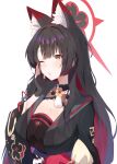  1girl absurdres animal_ear_fluff animal_ears black_gloves black_hair black_kimono blue_archive blush breasts cleavage colored_inner_hair commentary_request daud5335 fingerless_gloves floral_print floral_print_kimono fox_ears fox_girl gloves grey_sailor_collar halo highres huge_breasts japanese_clothes kimono long_hair multicolored_hair one_eye_closed open_mouth print_kimono red_hair red_halo sailor_collar solo two-tone_hair upper_body very_long_hair wakamo_(blue_archive) yellow_eyes 