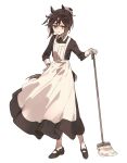  1girl absurdres animal_ears apron black_dress black_shoes brown_eyes brown_hair commentary dress ear_covers english_commentary enmaided feather_hair_ornament feathers full_body gloves hair_between_eyes hair_bun hair_ornament hair_scrunchie highres holding holding_mop horse_ears horse_girl horse_tail long_hair looking_at_viewer maid mop multicolored_hair pantyhose scrunchie shoes signature simple_background single_hair_bun smile solo stay_gold_(umamusume) streaked_hair tail teeth umamusume usetsu_illust white_apron white_background white_gloves white_pantyhose white_scrunchie white_streaks 