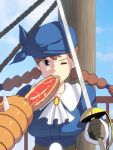  1girl aged_down ascot bandana belt blue_bandana blue_shirt blue_sky braid breasts brown_belt brown_gloves brown_hair buttons day dola_(laputa) eating food food_in_mouth gloves holding holding_sword holding_weapon impossible_clothes impossible_shirt kouno_(masao) large_breasts looking_at_viewer meat medium_hair on_ship one_eye_closed outdoors rapier shirt sky solo sword tenkuu_no_shiro_laputa twin_braids upper_body weapon white_ascot 