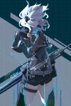  1girl absurdres belt_pouch black_bodysuit black_shorts blue_eyes blue_gloves bodysuit character_name commentary_request cropped_jacket dated floating_hair glitch gloves grey_hair hair_ornament highres icey icey_(game) neon_trim pouch shorts solo 