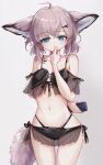  1girl ahoge animal_ears arknights bikini black_bikini blue_eyes cellphone commentary cowboy_shot flat_chest fox_ears fox_girl fox_tail garvini grey_background highres holding looking_at_viewer material_growth multi-strapped_bikini_bottom navel off-shoulder_bikini off_shoulder official_alternate_costume open_mouth oripathy_lesion_(arknights) phone revision short_hair simple_background smartphone solo standing sussurro_(arknights) sussurro_(summer_flower)_(arknights) swimsuit tail thigh_gap 