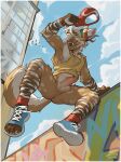 absurd_res anthro anus balls blue_eyes border bottomless bottomless_male canid canine clothed clothing erection fangs footwear fur genitals glans hat headgear headwear hi_res humanoid_genitalia humanoid_penis hyena male mammal pantsless_anthro pantsless_male penis shirt shoes sky solo stripes tank_top teeth tongue tongue_out topwear vein veiny_penis white_border white_nose white_stripes yncarne