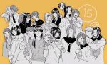  2dk_g_pen_mezamashidokei 6+girls ahoge anniversary arita_sakiko asano_minato black_yagi_to_gekiyaku_madeleine blush commentary_request double_v fujimura_kaede grabbing_another's_arm hand_on_another's_shoulder harassment_ga_kowai_maki-senpai! heart heart_hands heart_hands_duo hello_melancholic! highres hug hug_from_behind inagaki_chika ishikawa_maki kazuki_nanami madeleine_(black_yagi_to_gekiyaku_madeleine) minami_nodoka monochrome multiple_girls one_eye_closed oosawa_yayoi partially_colored sasaki_(take_out_deki_masu_ga) smile sugawa_hibiki take_out_deki_masu_ga tanihara_yuuko tsujidou_aoi ueno_(take_out_deki_masu_ga) v v_arms yagi_(black_yagi_to_gekiyaku_madeleine) yellow_background 