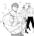  2boys abs bara beard biceps blank_eyes character_request chinstrap_beard closed_eyes collage commentary_request cowboy_shot facial_hair flexing greyscale hairy hebaron_nirta highres korean_commentary large_pectorals male_focus mature_male monochrome multiple_boys muscular muscular_male navel navel_hair nipples no_mouth pectorals sharks_line3 short_hair shredded_muscles sideburns_stubble simple_background smirk sparkle sparkling_aura sparse_arm_hair sparse_chest_hair sparse_navel_hair standing stomach stubble sweatdrop thick_eyebrows topless_male u_u under_the_oak_tree v-taper wavy_hair wiping_face 