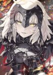  1girl armor breasts chain commentary english_commentary fadingz fate/grand_order fate_(series) grey_hair jeanne_d'arc_alter_(fate) large_breasts long_hair looking_at_viewer mixed-language_commentary open_mouth solo teeth upper_body yellow_eyes 