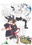  2girls animal_ears artist_name black_hair black_sailor_collar black_shorts black_skirt black_thighhighs blue_slime_(terraria) blush breasts character_request fox_ears fox_girl fox_tail green_slime_(terraria) highres hololive medium_breasts multiple_girls ookami_mio ookami_mio_(1st_costume) open_mouth punching red_hair sailor_collar shirakami_fubuki shirakami_fubuki_(1st_costume) shorts skirt slime_(creature) spoken_blush subaru_duck tail terraria thighhighs virtual_youtuber white_hair white_hood white_thighhighs wolf_ears wolf_girl wolf_tail yellow_eyes yuuzuki_(re'ef) 
