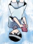  1boy bad_end bandaged_head bandages black_eyes black_hair blue_sky cloud commentary english_commentary eyepatch falling handheld_game_console highres holding holding_handheld_game_console hospital_gown male_focus motion_lines nrdeluxe omori playing_games playing_video_games short_hair shorts sky solo spoilers sunny_(omori) upside-down 