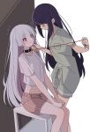  2girls black_collar black_hair blue_eyes blush cho_kaguya-hime! closed_mouth collar colored_inner_hair commentary_request crop_top cropped_shirt green_shirt green_shorts hand_on_another's_chin highres holding holding_leash leash long_hair midriff mole mole_under_eye multicolored_eyes multicolored_hair multiple_girls navel pink_hair pink_shorts purple_eyes runami_yachiyo sakayori_iroha sasanoha_(sasanoha0712) shirt shorts sitting standing two-tone_eyes very_long_hair white_hair white_shirt yuri 