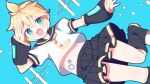  1boy antenna_hair black_outline black_sailor_collar black_skirt blonde_hair blue_background blue_eyes blush commentary_request crossdressing detached_sleeves double-parted_bangs dutch_angle foot_out_of_frame hair_between_eyes hand_up highres itogutidayo kagamine_len leg_warmers male_focus mars_symbol midriff miniskirt necktie open_mouth outline pleated_skirt sailor_collar salute shoes short_hair short_sleeves sidelocks simple_background skirt solo sparkle thighs trap vocaloid white_shoes yellow_necktie 