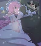  1girl anime_screenshot_inset apron black_dress blue_eyes blush bocchi_the_rock! commentary_request concrete dokusai_0207 dress frilled_dress frills full_body gotoh_hitori highres long_hair lying maid maid_headdress mary_janes on_floor on_side pink_hair puffy_short_sleeves puffy_sleeves reference_inset screenshot_inset shoes short_sleeves solo thighhighs wavy_mouth white_apron white_thighhighs wrist_cuffs 