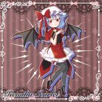  1girl alternate_costume bat_wings black_shoes blue_hair blush border bow brown_background character_name cleavage_cutout clothing_cutout clothing_request commentary_request flat_chest frilled_thigh_strap full_body grey_thighhighs hair_between_eyes hat hat_bow highres inset_border looking_at_viewer medium_hair mob_cap murakumo_piyoyo open_mouth red_bow red_eyes remilia_scarlet shoes short_sleeves silhouette solo thigh_strap thighhighs touhou white_border white_hat wings 