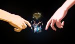 black_background cobalion coldsteam commentary_request hand_focus highres horns outline pink_outline pokemon pokemon_(creature) pokemon_focus pokemon_rumble pokemon_rumble_blast simple_background sparkle winding_key yellow_eyes 