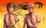  2girls alien_stage artist_name black_hair black_necktie chain chained_together cityscape collar collared_shirt commentary floating_hair glasses gradient_background highres keyhole long_hair looking_at_another metal_collar mizi_(alien_stage) mizi_(zombie_stage) mizukke multiple_girls necktie orange_background orange_sky pink_hair purple_eyes school_uniform shirt short_hair sky sua_(alien_stage) sua_(zombie_stage) untranslatable_commentary very_long_hair very_short_hair white_shirt yellow_background yellow_eyes zombie_stage 
