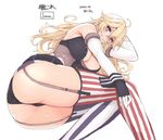 2016 ahoge angelo_(gomahangetsu) ass black_bra black_panties blonde_hair blue_eyes bra breasts character_name dated elbow_gloves fingerless_gloves garter_straps gloves grin iowa_(kantai_collection) kantai_collection large_breasts long_hair looking_at_viewer lying miniskirt on_side panties simple_background skirt smile solo star star-shaped_pupils symbol-shaped_pupils thighhighs underwear white_background 