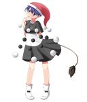  blue_eyes blue_hair blush doremy_sweet dress finger_to_mouth full_body hat highres long_hair looking_at_viewer mono_(mono60) nightcap parted_lips pom_pom_(clothes) ponytail short_sleeves smile socks solo tail tapir_tail touhou transparent_background white_legwear 