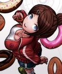  :d arm_behind_back asahina_aoi blue_eyes breasts brown_hair cleavage collarbone danganronpa danganronpa_1 dark_skin doughnut food from_above hair_ornament hairclip holding holding_food jacket kneehighs komatsuzaki_rui_(style) looking_at_viewer looking_up medium_breasts official_style open_clothes open_jacket open_mouth red_jacket ryuuhou_(urs87) shirt short_hair short_shorts shorts smile solo white_legwear white_shirt 