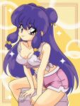  1girl artist_name bow breasts commentary english_commentary hair_bow highres leehzart long_hair midriff pink_shorts purple_hair ranma_1/2 shampoo_(ranma_1/2) shirt shorts signature sitting smile sparkle white_shirt yellow_bow 