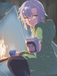  1girl black_thighhighs blurry blurry_background campfire chiharu_(9654784) closed_mouth coffee coffee_mug commentary_request commission cup curtained_hair eiyuu_densetsu fie_claussell fire giliath_osborne green_eyes green_jacket grey_hair hair_between_eyes highres hood hood_down hooded_jacket jacket long_hair long_sleeves looking_at_another looking_at_viewer mishy mug offering_food pantyhose parted_bangs partially_shaded_face pov sen_no_kiseki_(series) sen_no_kiseki_iv sidelocks sitting skeb_commission smile solo solo_focus steam steaming_cup tent thighhighs white_hair 