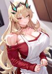  1girl apron bare_shoulders barghest_(fate) barghest_(like_a_lady)_(fate) biceps blonde_hair blush breasts cleavage commentary cross-laced_clothes dress fate/grand_order fate_(series) green_eyes heterochromia highres horns jewelry large_breasts long_hair long_sleeves looking_at_viewer making-of_available muscular muscular_female neck_ring off_shoulder orange_eyes red_dress red_eyes smile solo sui_yamami white_apron 