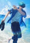  1boy blue_hair blue_pants blue_shirt blue_sky brant_(wuthering_waves) commentary day hand_up hawaiian_shirt highres holding holding_shoes holding_unworn_clothes male_focus ocean open_clothes open_shirt outdoors pants parted_lips pink_eyes sae_naiyatsu shirt shoes shore short_hair sky smile solo twitter_username untranslatable_commentary unworn_shoes white_shirt wuthering_waves 