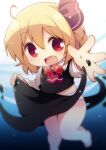  1girl :d absurdres ascot bare_legs barefoot black_skirt black_vest blonde_hair blue_background blush clothes_lift collared_shirt commentary_request double-parted_bangs fang foot_out_of_frame hair_between_eyes hair_ribbon highres lifting_own_clothes long_sleeves looking_at_viewer matatabi_(nigatsu) open_mouth outstretched_arm panties red_ascot red_eyes red_ribbon ribbon rumia shirt short_hair skirt skirt_lift smile solo touhou underwear vest white_panties white_shirt 