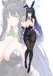  1girl alternate_costume animal_ears bare_shoulders black_hair black_nails black_pantyhose black_shoes blue_archive blue_hair blue_halo blush bow bowtie breasts cleavage colored_inner_hair commentary cowlick detached_collar fake_animal_ears full_body green_bow green_bowtie green_eyes hair_intakes halo high_heels highleg highleg_leotard highres large_breasts leotard long_hair looking_at_viewer multicolored_hair nail_polish pantyhose parted_lips playboy_bunny ponytail purple_leotard rabbit_ears shoes shun_(blue_archive) sidelocks simple_background smile solo standing strapless strapless_leotard suigetu26 thigh_gap thighband_pantyhose tiger_ears tiger_girl traditional_bowtie two-tone_hair very_long_hair white_background white_wrist_cuffs wing_collar wrist_cuffs zoom_layer 