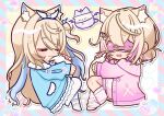  2girls animal_ear_fluff animal_ears bandaid bandaid_on_leg blonde_hair blue_cardigan cardigan chibi closed_eyes colorful_background commentary creature dog_ears dog_girl dog_tail drooling from_side full_body fuwawa_abyssgard fuwawa_abyssgard_(pajamas) hair_ornament hairclip highres hololive hololive_english hugging_own_tail hugging_tail long_hair mococo_abyssgard mococo_abyssgard_(pajamas) mouth_drool multicolored_hair multiple_girls perroccino_(fuwamoco) pink_cardigan short_hair siblings sisters sleep_mask sleeping sleepwear streaked_hair tail twins virtual_youtuber watermark yokuto 