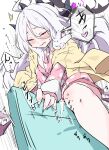  1girl ahoge black_halo black_horns blue_archive blush clenched_teeth closed_eyes closed_mouth coat coat_on_shoulders commentary_request crotch_rub female_ejaculation female_ejaculation_through_clothes female_masturbation flapping halo highres hina_(blue_archive) hina_(pajamas)_(blue_archive) horns humping long_hair low_wings masturbation masturbation_through_clothes mosuke1221 multiple_horns official_alternate_costume pajamas pillow pillow_humping pink_pajamas polka_dot polka_dot_pajamas purple_halo purple_wings pussy_juice solo teeth translation_request white_background white_hair wings yellow_coat 