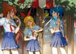  >_< 3girls aikatsu! aikatsu!_(series) aorn1rnao8 bag blonde_hair blue_bag blue_eyes blue_hair blue_scrunchie blue_skirt bottle bow bow_hairband brown_hair can clenched_teeth closed_eyes collared_shirt commentary_request cowboy_shot drink drink_can food hair_bow hair_ornament hair_scrunchie hairband high-waist_skirt highres holding holding_drink holding_food holding_popsicle hoshimiya_ichigo kiriya_aoi long_hair looking_at_another multiple_girls neckerchief outdoors pleated_skirt ponytail popsicle purple_eyes red_bow red_hairband red_neckerchief school_uniform scrunchie shibuki_ran shirt shoulder_bag side_ponytail skirt soleil_(aikatsu!) starlight_academy_school_uniform teeth very_long_hair water_bottle white_shirt 